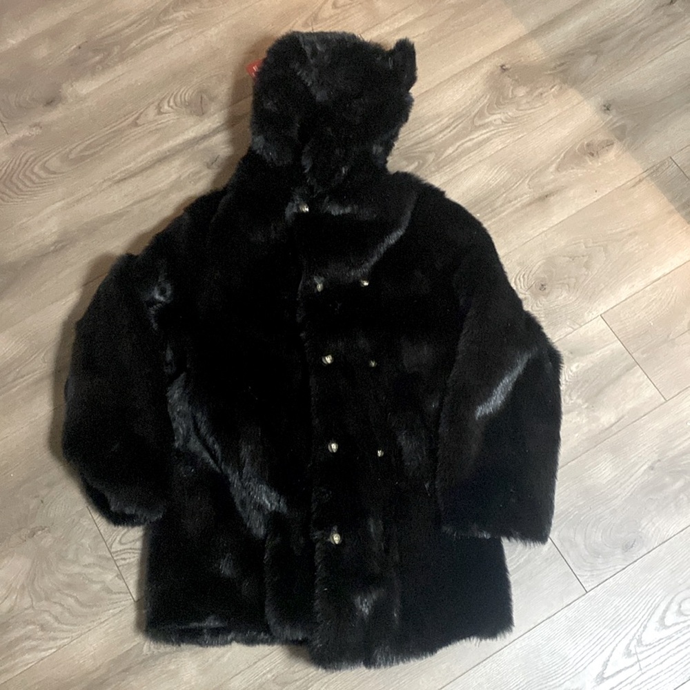Black men’s XL faux fur jacket with cat ears on the hood.